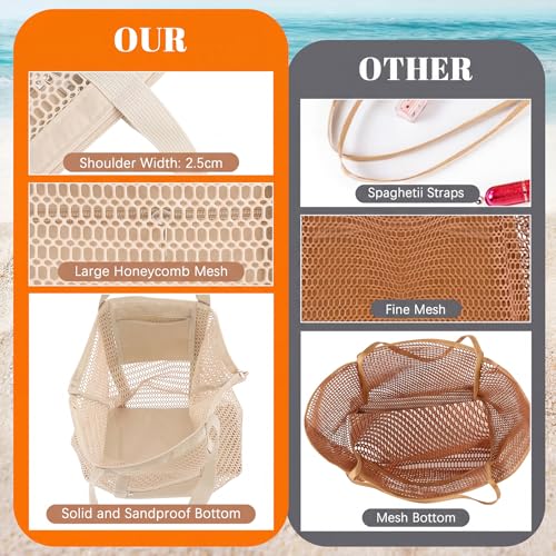 Dntorx Women's Mesh Beach Bag, Stylish Beach Tote for Swimming, Travel & Vacation Essentials, Lightweight Design for Poolside - color: Beige