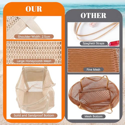 Dntorx Women's Mesh Beach Bag, Stylish Beach Tote for Swimming, Travel & Vacation Essentials, Lightweight Design for Poolside - color: Beige