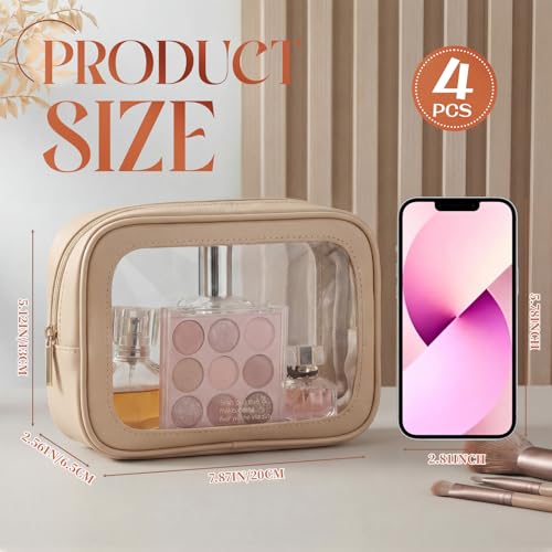 Abbylike 4 Pcs Nude Clear Makeup Bag PU Leather Tsa Approved Toiletry Bag with Zipper Transparent Waterproof Portable Cosmetic Bags Travel Car Clear Organizer Bags for Women Girls Mother's Day - color: Nude