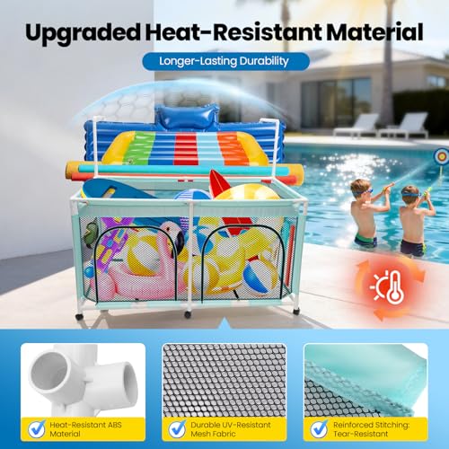 Pool Float Storage Bin 271 Gallon - 2-in-1 XX-Large Outdoor Pool Toy Storage Holder for Raft Noodles Inflatables Towels Balls, 9 Wheels Mesh Rolling Organizer Car Bin for Swimming Equipments