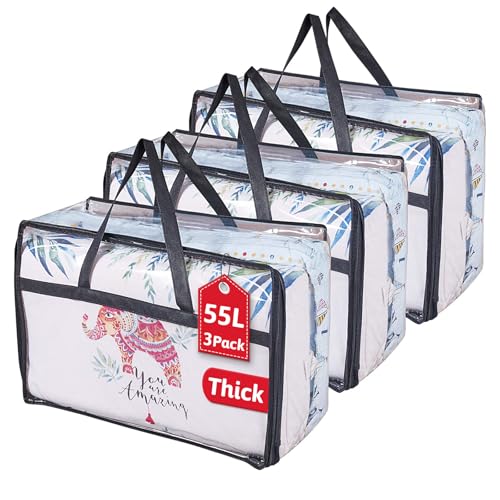 Clear Clothes Storage Bag Organizer with Reinforced Handle, Vinyl Storage Bags for Comforter, Blanket, Bedding, Toys, Transparent Moving Totes with Sturdy Dual Zippers, 3 Pack, 55 L, Black - color: Black
