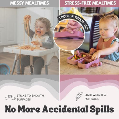 Baby Travel Essentials 6 Pc Silicone Feeding Set - Portable Toddler Plates with Suction, Baby Spoons & Foldable Bib in Carrying Case - BPA-Free Infant & Toddler Utensils for Airplanes & Eating Out - color: Dark Pink