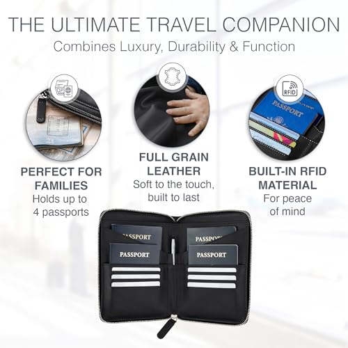 Full Grain Leather Family Passport Holder for 4 Passports - RFID Passport Holder and Travel Document Organizer - Large Leather Travel Wallet for Families - Black - color: Black