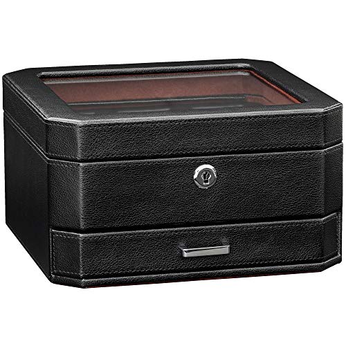 ROTHWELL 6 Slot Leather Watch Box with Valet Drawer - Luxury Watch Case Display Organizer, Microsuede Liner, Locking Mens Jewelry Watches Holder, Men's Storage Boxes Holder Large Glass Top (Black/Red) - color: 6 Slot - Black / Red