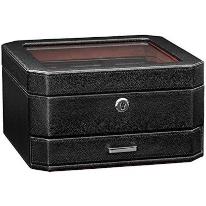 ROTHWELL 6 Slot Leather Watch Box with Valet Drawer - Luxury Watch Case Display Organizer, Microsuede Liner, Locking Mens Jewelry Watches Holder, Men's Storage Boxes Holder Large Glass Top (Black/Red) - color: 6 Slot - Black / Red