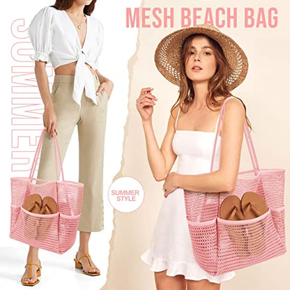 KPX Beach Bag with Mini Pocket, Summer Beach Tote Bags for Women Large Foldable Mesh Swimming Pool Travel Bags - Sandproof - color: Pink