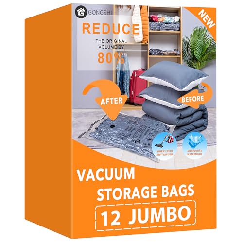 GONGSHI Vacuum Storage Bags, Space Saver Seal Bags For Clothing, Travel Luggage,Blankets, Comforters, Pillows, Clothes Storage.12 Jumbo