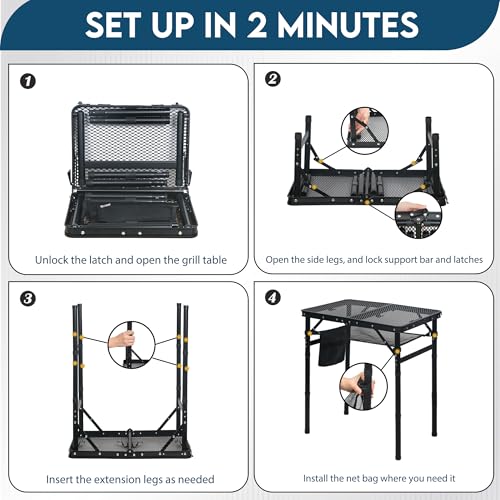 LOFTEY Small Folding Grill Table, Portable Picnic Table for Camping Outdoor Cooking BBQ, 3 Heights Adjustable Grill Stand with Mesh Bag, Easy for Storage, 23.6" L* 15.75" W * 27.7" H, Black