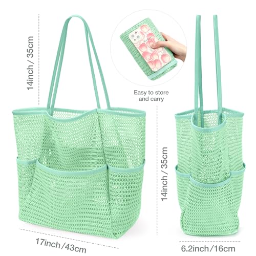 KPX Beach Bag with Mini Pocket, Summer Beach Tote Bags for Women Large Foldable Mesh Swimming Pool Travel Bags - Sandproof - color: Mint