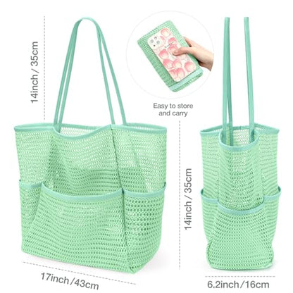 KPX Beach Bag with Mini Pocket, Summer Beach Tote Bags for Women Large Foldable Mesh Swimming Pool Travel Bags - Sandproof - color: Mint