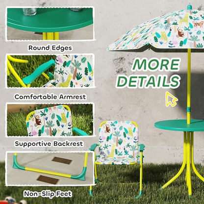 Qaba Kids Picnic Table and Chair Set, Outdoor Activity Table with Foldable Chairs, Removable Umbrella, Monkey and Giraffe Pattern Toddler Patio Furniture for Backyard, Garden, Green