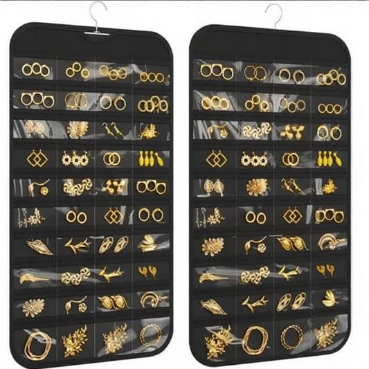 Hanging Jewelry Organizer Pockets Canvas Double Sided Rotating Hanger Necklace Hanging Wall Organizer Jewelry Roll for Earrings, Necklaces,Sunglasses,rings (80-Pocket Black) - color: Black