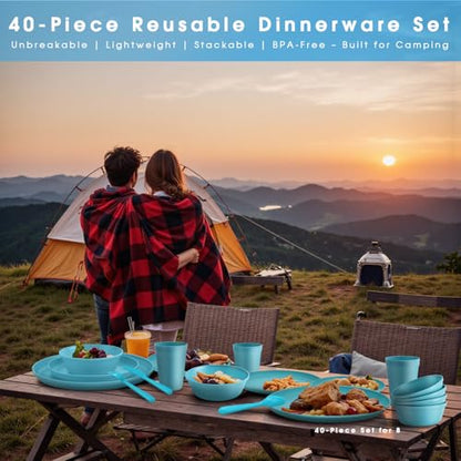 40 Piece Plastic Dinnerware Set for 8 with Cutlery, Unbreakable Plates and Bowls Set, Dishwasher & Microwave Safe Reusable Dish Set for Camping, RV, Outdoor Kitchen, Apartment Dining, Teal - color: Blue