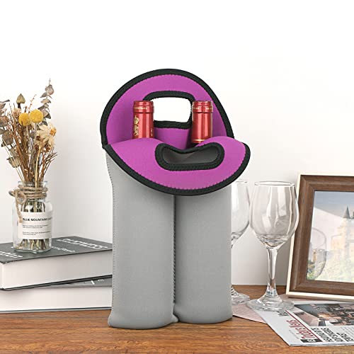 Hipiwe 2 Bottle Wine Tote Carrier Bag With Handle - Neoprene Insulated Holder for Water Bottles, Beer, Drinks - Protective Travel Picnic Carrier - style: Grey + Purple
