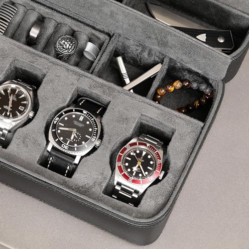 ROTHWELL 8 Watch Travel Case Storage Organizer for 8 Watches, Sunglasses, Rings & Cufflinks |Tough Portable Protection with Zipper Fits Most Wristwatches & Smart Watches Up to 50mm (Black/Grey) - color: Black/Grey