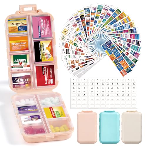 3 Pack 14 Grids Travel Pill Organizer Box with 415-Pcs Medicine Name Labels - Pocket Daily Pharmacy Case Container Kit - Travel Medication Holder Dispenser for Fish Oil Vitamin, Khaki+Pink+Sky Blue - color: Khaki+pink+blue, size: with Bulk Med Labels