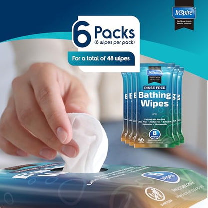 Body Wipes for adults bathing rinse free | Adult Wash Cloths Extra Large, Bathing Wipes for Incontinence, 8"x 8" In (48 count) | By Inspire - style: Thick 6 Packs of 8