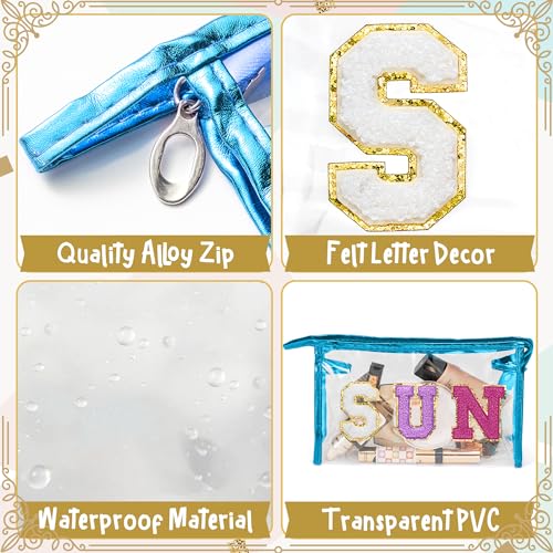 Y1tvei Clear SUN Makeup Bag - Preppy Purple SUN Chenille Varsity Letter Cosmetic Bag PVC Transparent Zipper Waterproof Beach Makeup Carry Pouch Portable Travel Toiletry Organizer for Women(Blue) - color: Purple SUN Blue
