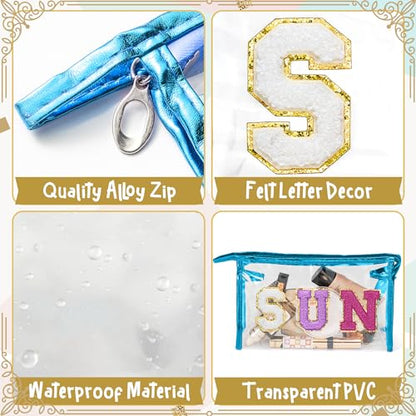 Y1tvei Clear SUN Makeup Bag - Preppy Purple SUN Chenille Varsity Letter Cosmetic Bag PVC Transparent Zipper Waterproof Beach Makeup Carry Pouch Portable Travel Toiletry Organizer for Women(Blue) - color: Purple SUN Blue