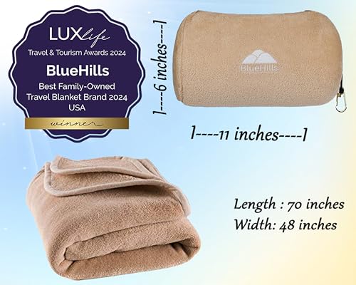 BlueHills Travel Blanket Pillow Rolled Premium Soft Plush Airplane Throw Traveler Essentials Gift Compact in a Bag 70X48 inches Long Car Plane Flight Portable Beige R06 - color: R06-beige