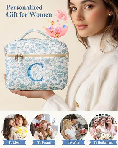 HBselect Initial Quilted Makeup Bag, Cotton Large Travel Make up Bag, Cute Floral Coquette Cosmetic Bag Toiletry Bag for Women Girls C - color: 1Pc Large Blueflower, style: C