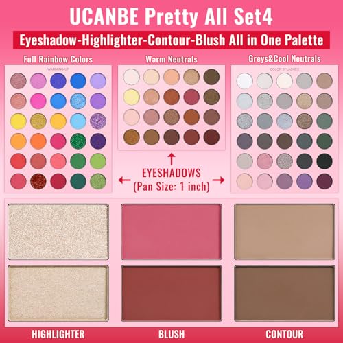 UCANBE Eyeshadow Palette with 15Pcs Brushes Makeup Set, Pigmented 86 Colots Make Up Pallet Gift Sets, Matte Shimmer Metallic Eye Shadow Highlighter Contour Blush Powder Christmas Valebtines Beauty Kit - color: Palette D + Pink Brush