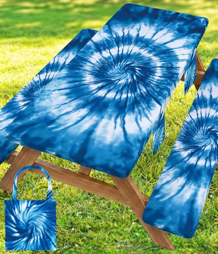 Picnic Table Cover with Bench Covers Camping Essentials Windproof Waterproof Patio Outdoor Tablecloth with Storage Bag, Fitted Rectangle Tables and Seats Tablecover for Rv Owner Camper 96in - color: Blue Tie-dye, size: 96in