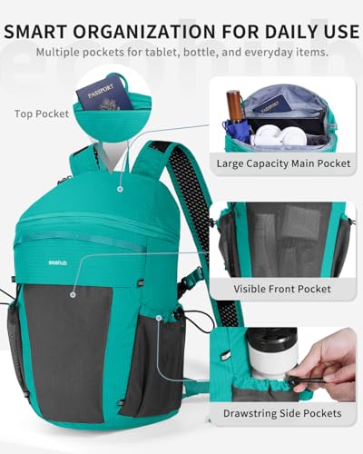 ECOHUB 15L Lightweight Casual Daypack, Packable Backpack for Daily Use, Hiking & Travel, Foldable Small Backpack with Stretch Mesh Pockets, Water-Resistant Nylon, Reflective Design - color: Pacific Teal