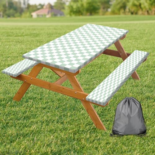 Picnic Table Cover with Bench Covers and Bag, Sage Green and White Checkered Buffalo Plaid Camping Tablecloth Waterproof Elastic Edges Fitted Gingham Tablecloth for Outdoor Garden 3PCS 30x60 Inch - color: Gingham-sage Green and White, size: 30" x 60"