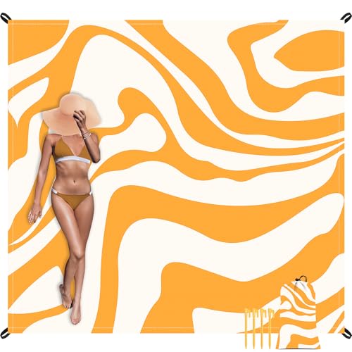 110''×118'' Extra Large Waterproof Sandproof Beach Blanket 8 Adults, Sand Free Outdoor Beach Mat with 4 Stakes & Pockets, Big Compact Picnic Blanket, Essential for Travel, Camping, Summer Vocation - color: Yellow Quicksand, size: 9x10 FT (1～8 person)