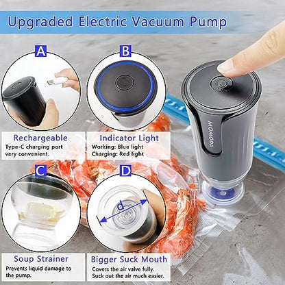 MOMODA Sous Vide Cooking Bags - Set of 20 | BPA-Free Reusable Vacuum Seal Bags with Air Valve for Joule and Anova Cookers | Freezer Safe Vacuum Food Storage Bags with Upgraded Electric Pump Included - color: Electric Pump-Black
