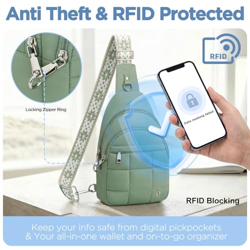 Anti Theft Sling Bag for Men & Women, Lightweight Puffer RFID Crossbody Bag for Travel, Commuting & City Walking, Hands-Free Everyday Essentials Bag Green - color: Green