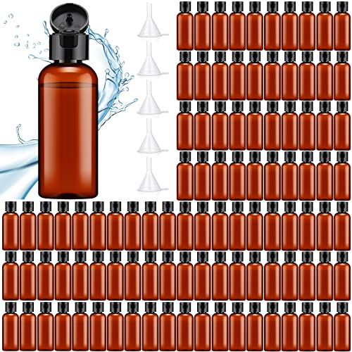 Eccliy 100 Pack 2 oz Plastic Bottles Travel Lotion Bottle Squeeze Container Plastic Bottles with Caps Small Travel Empty Refillable Toiletry Containers for Liquid Lotion Creams with 5 Funnels(Brown) - color: Brown, size: 2 oz