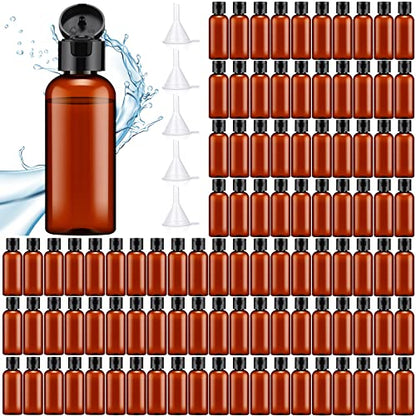 Eccliy 100 Pack 2 oz Plastic Bottles Travel Lotion Bottle Squeeze Container Plastic Bottles with Caps Small Travel Empty Refillable Toiletry Containers for Liquid Lotion Creams with 5 Funnels(Brown) - color: Brown, size: 2 oz