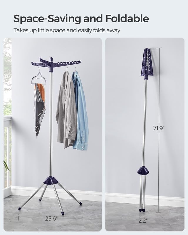 SONGMICS Clothes Drying Rack, 59-Inch Folding Laundry Drying Rack with 3 Rotatable Arms for Hangers, 4 Legs, Stainless Steel, for 27 Pieces of Clothes, Blue and Silver ULLR510Q01 - color: Blue + Silver, style: 1-Tier