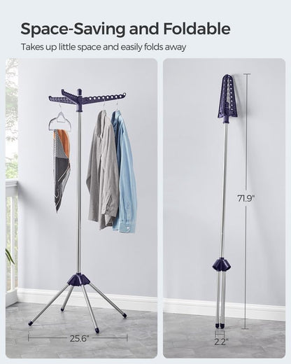 SONGMICS Clothes Drying Rack, 59-Inch Folding Laundry Drying Rack with 3 Rotatable Arms for Hangers, 4 Legs, Stainless Steel, for 27 Pieces of Clothes, Blue and Silver ULLR510Q01 - color: Blue + Silver, style: 1-Tier