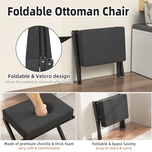 BAMBOOHOMIE Foldable Foot Stool Ottoman, Small Padded Foot Rest with Bamboo X-Legs, Portable Folding Leg Rest for Living Room Bedroom Office, Soft Foam Cushion Step Stool for Couch & Armchair (Black) - color: Black - Black