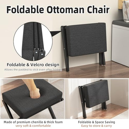 BAMBOOHOMIE Foldable Foot Stool Ottoman, Small Padded Foot Rest with Bamboo X-Legs, Portable Folding Leg Rest for Living Room Bedroom Office, Soft Foam Cushion Step Stool for Couch & Armchair (Black) - color: Black - Black