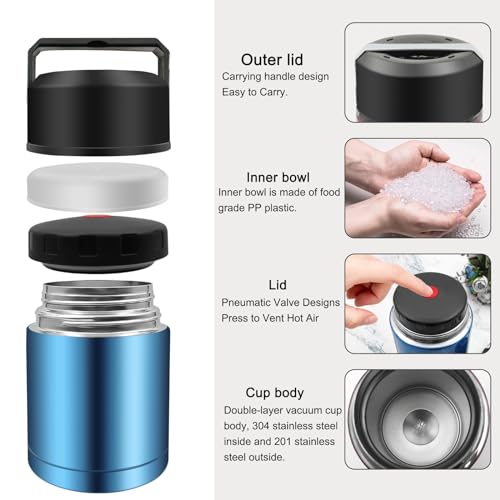 28oz Soup Thermos, Stainless Steel Thermos for Hot Food, Wide Mouth Food Thermos Jar, Insulated Lunch Container Leak Proof Vacuum Thermal Flask (blue) - color: blue-28oz
