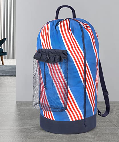 Dalykate Backpack Laundry Bag with Shoulder Straps and Mesh Pocket Durable Nylon Clothes Hamper Bag with Drawstring Closure for College, Travel, Laundromat, Apartment - color: Stripe Blue