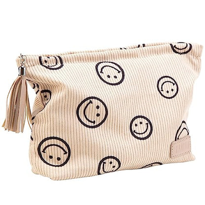 BOYATU Corduroy Travel Makeup Bag: Machine Washable 30+ Times, Fits 4 Bottles & 8 Brushes (22cm), Ultra-Light 120g, Canvas Lined Cosmetic Organizer Pouch, Large Toiletry Purse Gift for Women(01-Khaki)
