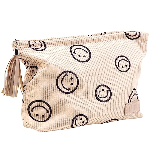 BOYATU Corduroy Travel Makeup Bag: Machine Washable 30+ Times, Fits 4 Bottles & 8 Brushes (22cm), Ultra-Light 120g, Canvas Lined Cosmetic Organizer Pouch, Large Toiletry Purse Gift for Women(01-Khaki)