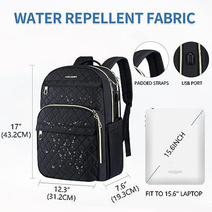 KROSER Laptop Backpack 15.6 Inch Stylish Daypack with USB Charging Port, Water-repellent Nylon Backpack Backpack for Travel/Business/Women/Black - color: Quilted Black