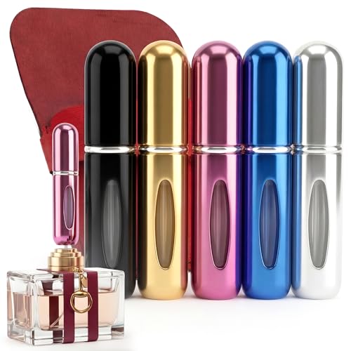5ml Travel Perfume Bottle Refillable Atomizer Sprayer for Perfume,Leakproof Perfume Atomizer Travel, Portable Refillable Perfume Bottles, (Blue, Black, Pink, Gold, Silver + Leather Pouch) - color: Blue, Black, Pink, Gold, Silver + Leather Pouch
