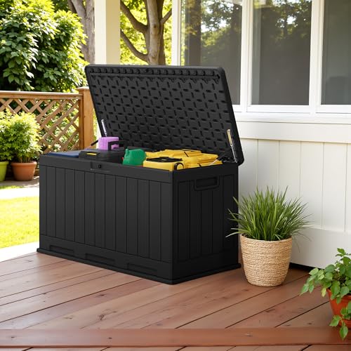 Devoko 90 Gallon Double-Wall Deck Box, Side Handles, HDPE Outdoor Large Storage Box Waterproof and Lockable for Patio Furniture, Garden, Pool (Black, 90 Gallon) - color: Black, size: 90 Gallon 1 Pack
