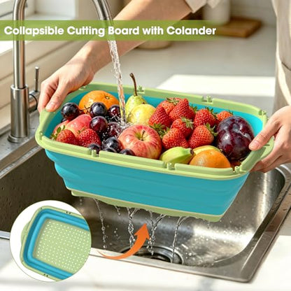 Gintan Camping Cutting Board, 9-in-1 Collapsible Chopping Board with Colander, Kitchen Vegetable Washing Basket for Camping, Camping Gifts Camping essentials for RV Campers (Blue Green) - color: Blue Green