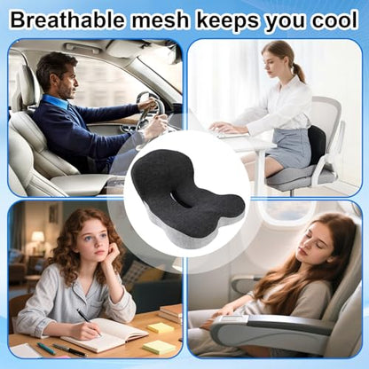 Memory Foam Office Chair Cushion, L-Shaped Integrated Seat Cushions, Chair Seat Cushion for Lower Back Tailbone Protection, Ergonomic SeatCushion with Lumbar Support (Black Gray)