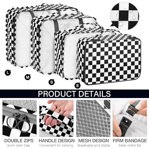 KPX 8 Set Packing Cubes for Travel, Luggage Packing Organizers Accessories Large Toiletries Bag for Clothes Shoes Cosmetics (8Set-Black Checkered) - color: 8Set-Black Checkered