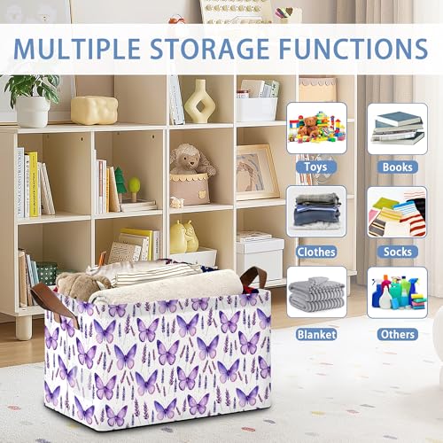 Lavender Storage Baskets,Purple Butterfly Foldable Organizer Bin with Handles for Home Living Room Bedroom Closet Box 17x11.5x10Inch - color: Lavender Purple Butterfly