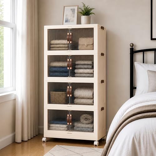 SAILUN 116Gal/464Qt Stackable Storage Bins Folding Collapsible Storage Bins with a Lid, Closet Organizers and Storage,Blush White 26" W x 17" D x 56.7" H - color: Blush White, size: 1 Lid 4 Pack-26" W x 17" D x 56.7" H